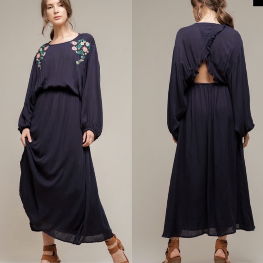 Moon River Floral Embroidered Open-Back Dress